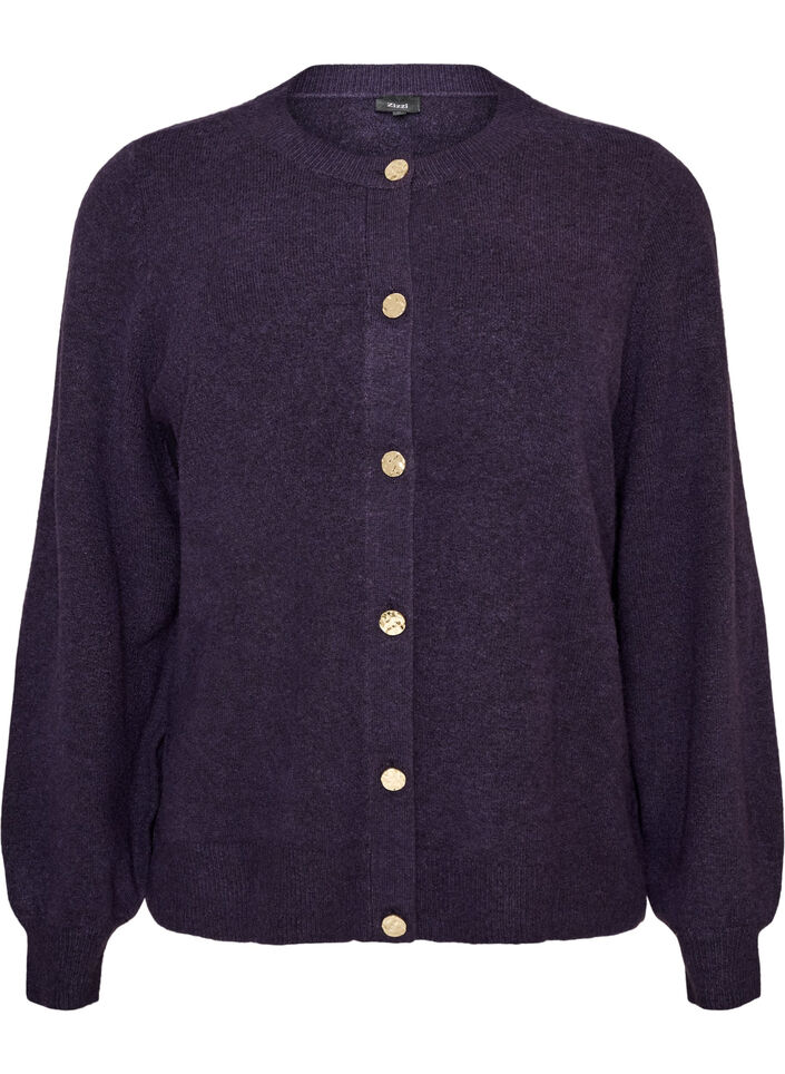 Cardigan i myk strikk med gullfargede knapper, Lilla, Packshot image number 0