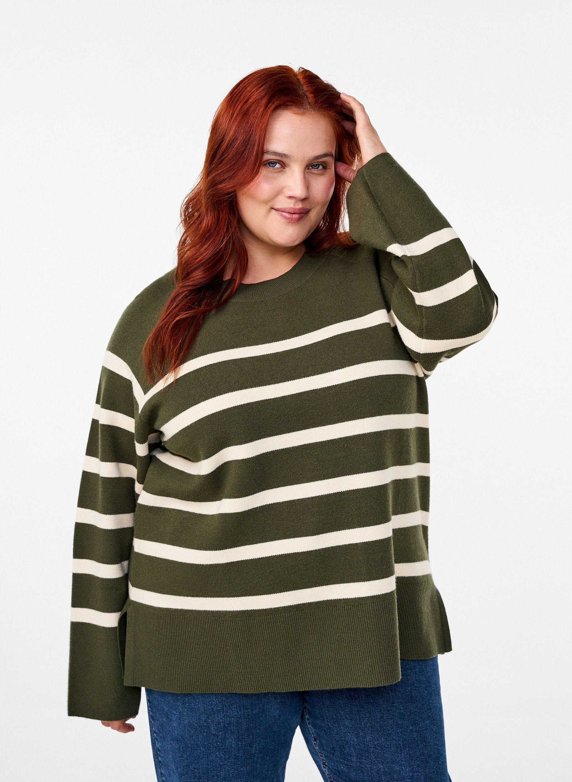 Zizzi Strikket bluse med rund hals og striper, D. Bag Birch Stripe, Model image number 0