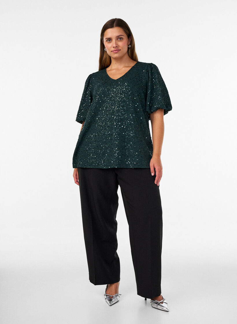 Paljettbluse med ballongermer, Gr&oslash;nn, Model image number 1