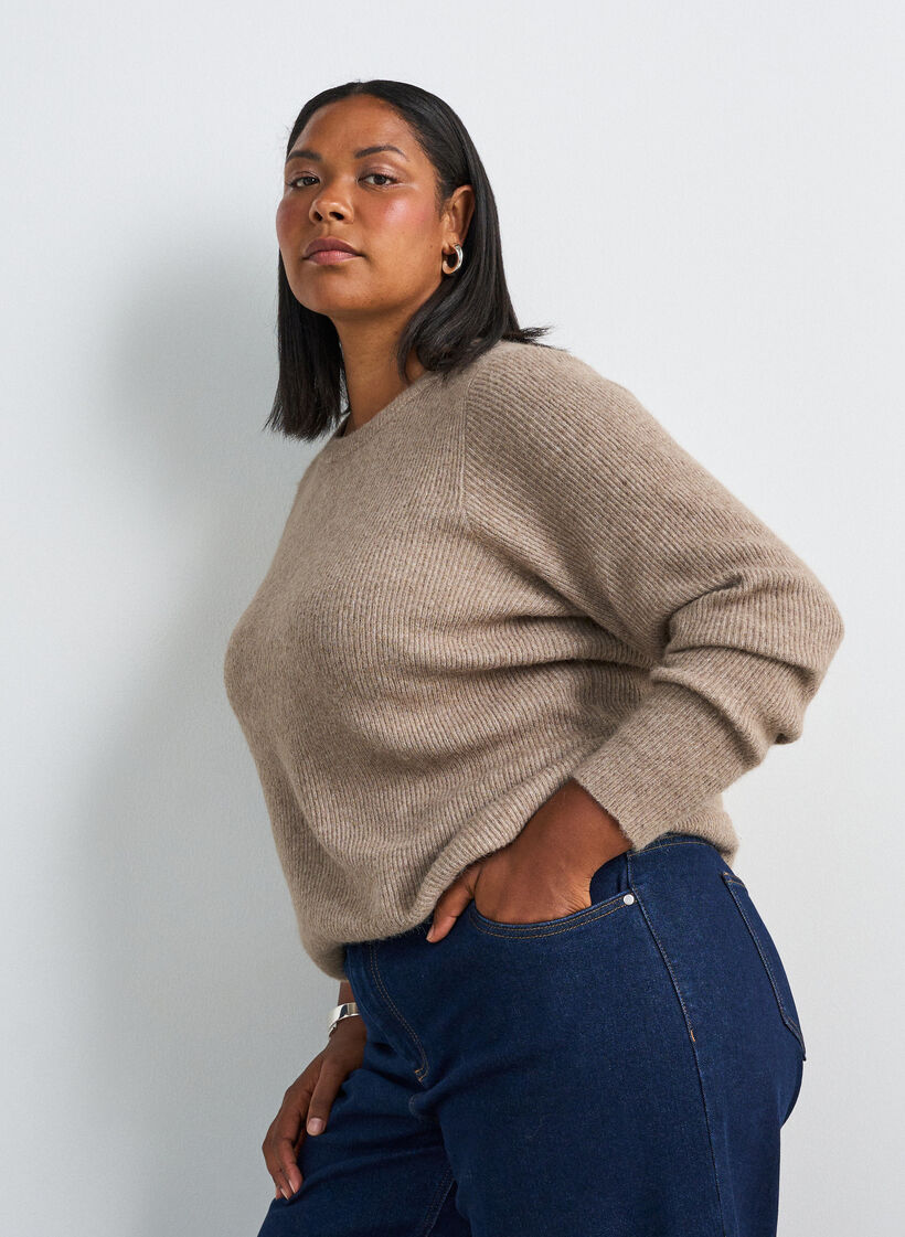 Melert strikkebluse med rund hals, Beige, Model image number 0