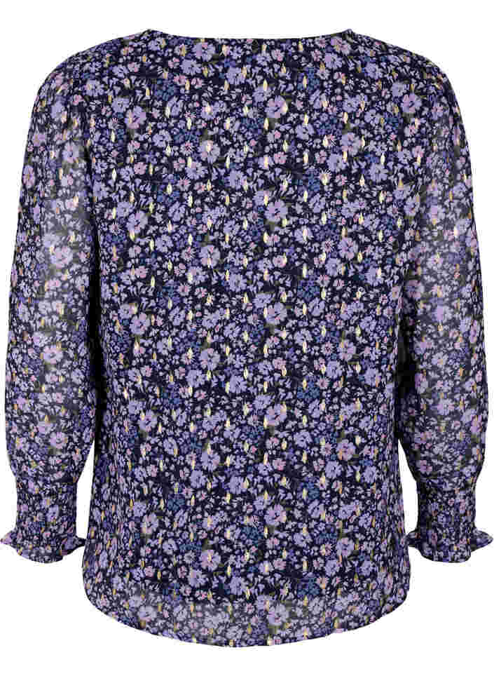 Blomstrete bluse med lange ermer og V-hals, Purple Ditzy Flower, Packshot image number 1