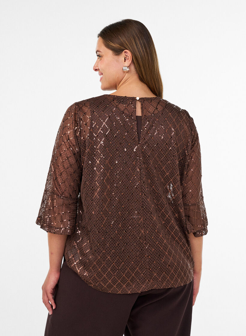 Gjennomsiktig bluse med paljetter og diamantm&oslash;nster, Brun, Model image number 2
