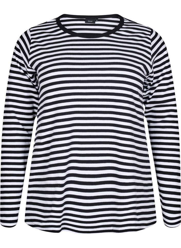 Stripete bluse med lange ermer, Svart, Packshot