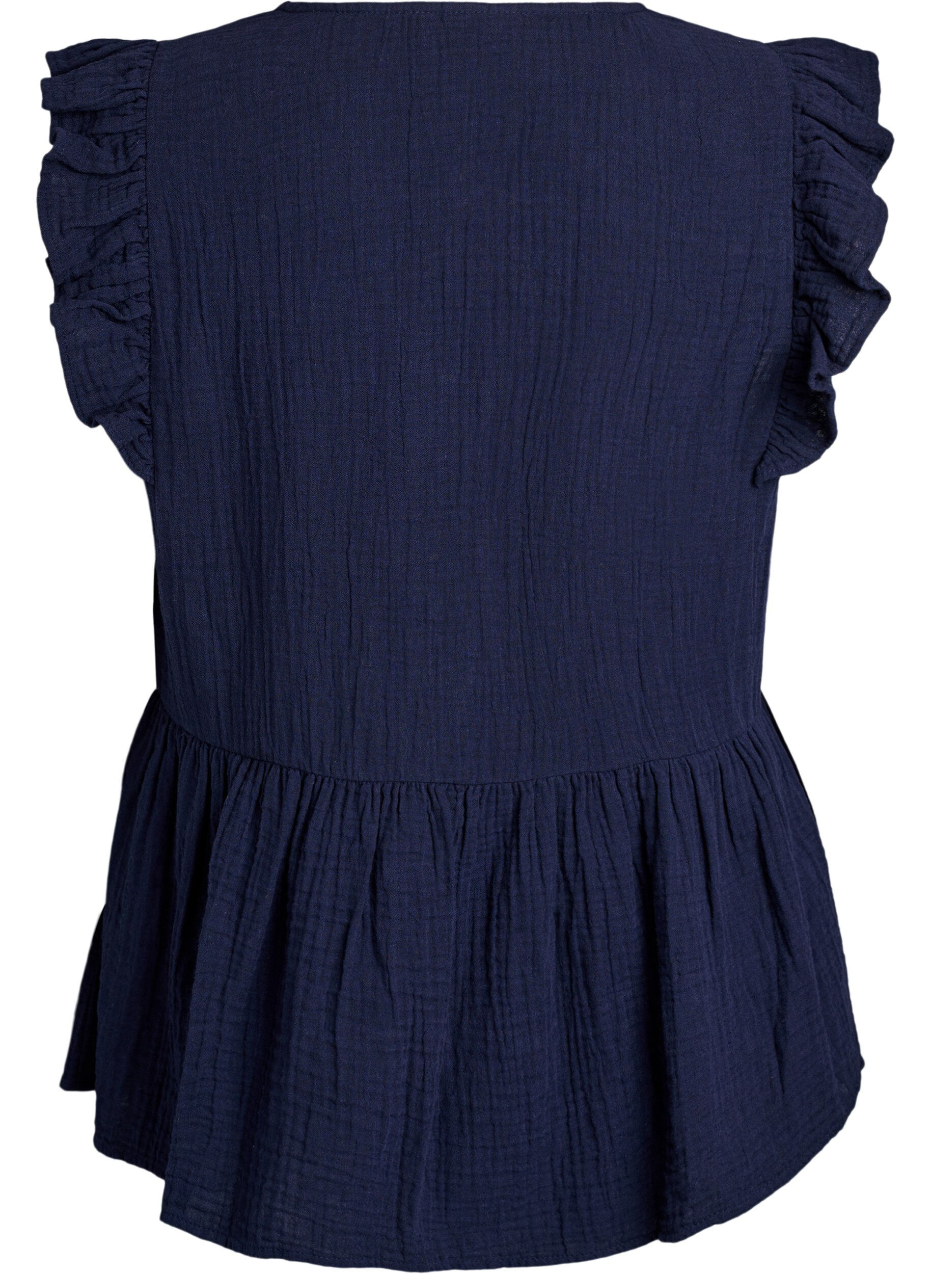 ZizziErmel&oslash;s bluse i bomullsmusselin med volanger, Bl&aring;, Packshot image number 1