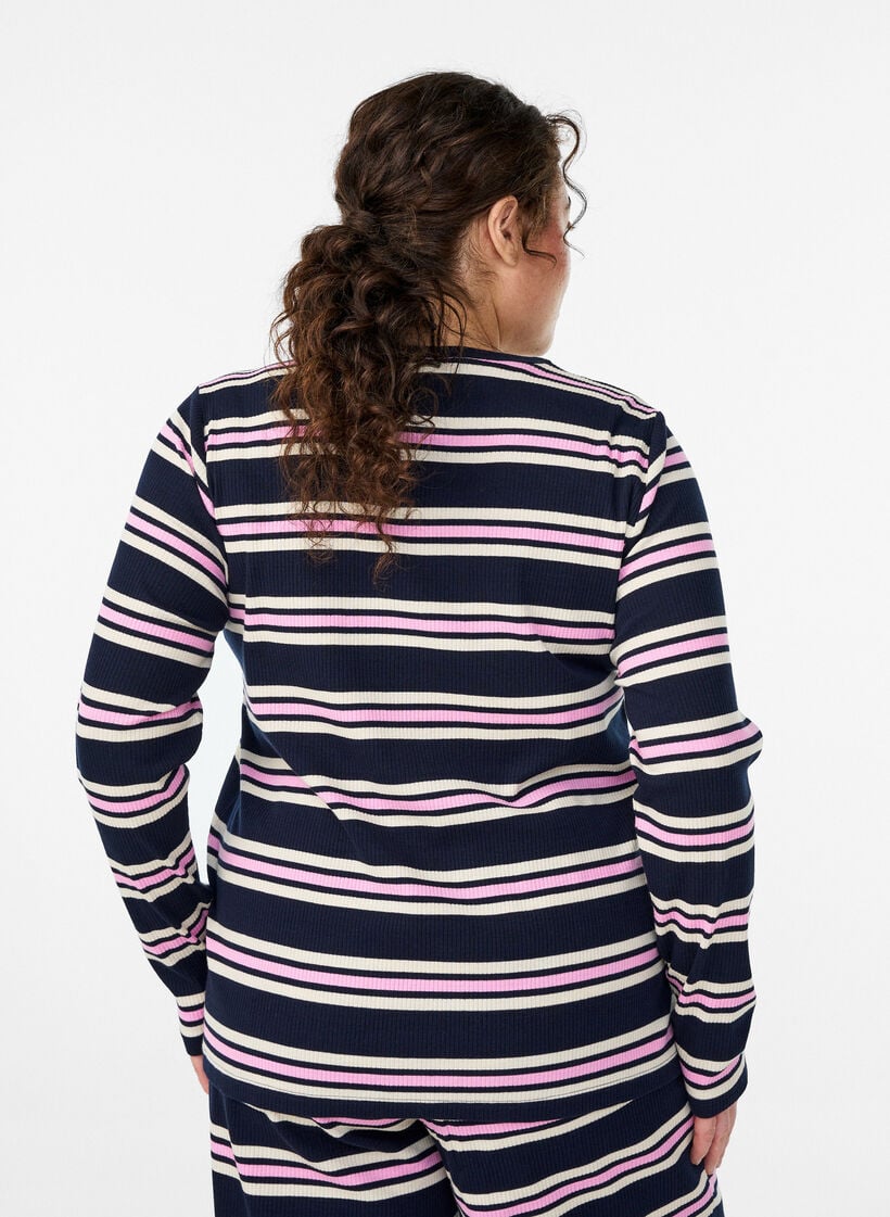 Langermet nattopp i ribbestrikket jersey med striper, Bl&aring;, Model