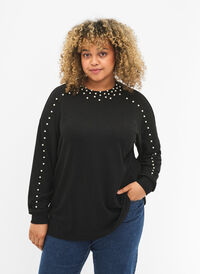 Langermet bluse med perler, Black, Model