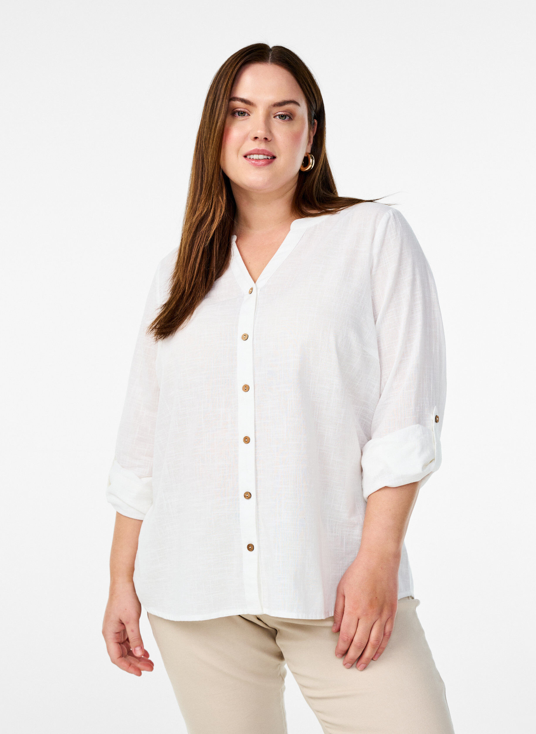 ZizziBomullsbluse med V-hals, Hvit, Model image number 0