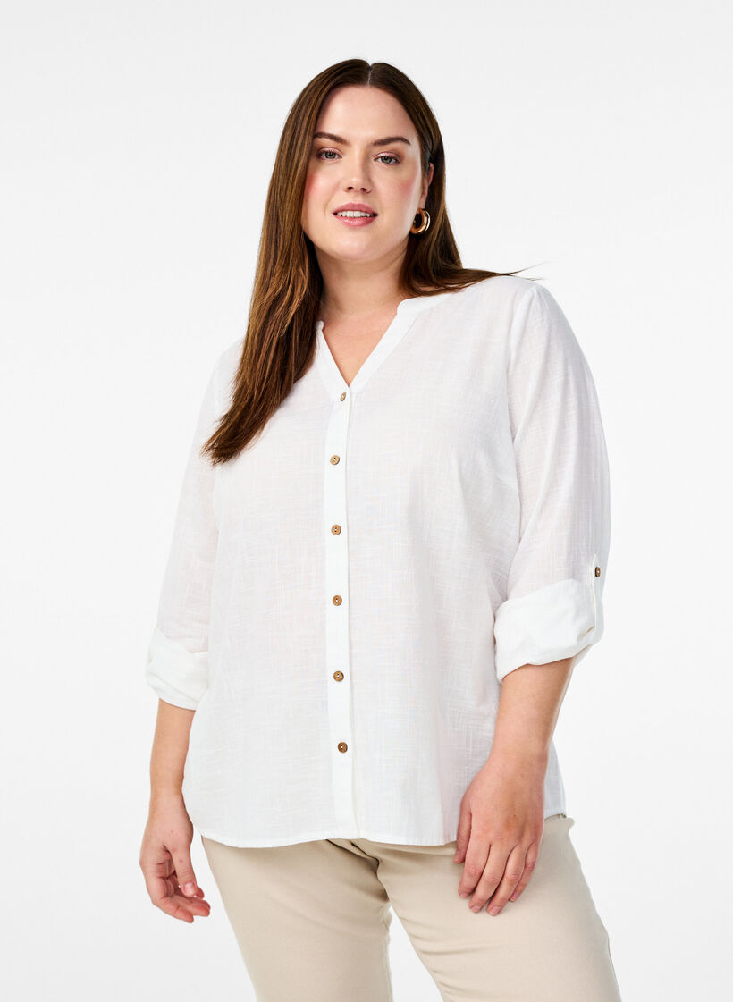 Bomullsbluse med V-hals, Hvit, Model image number 0