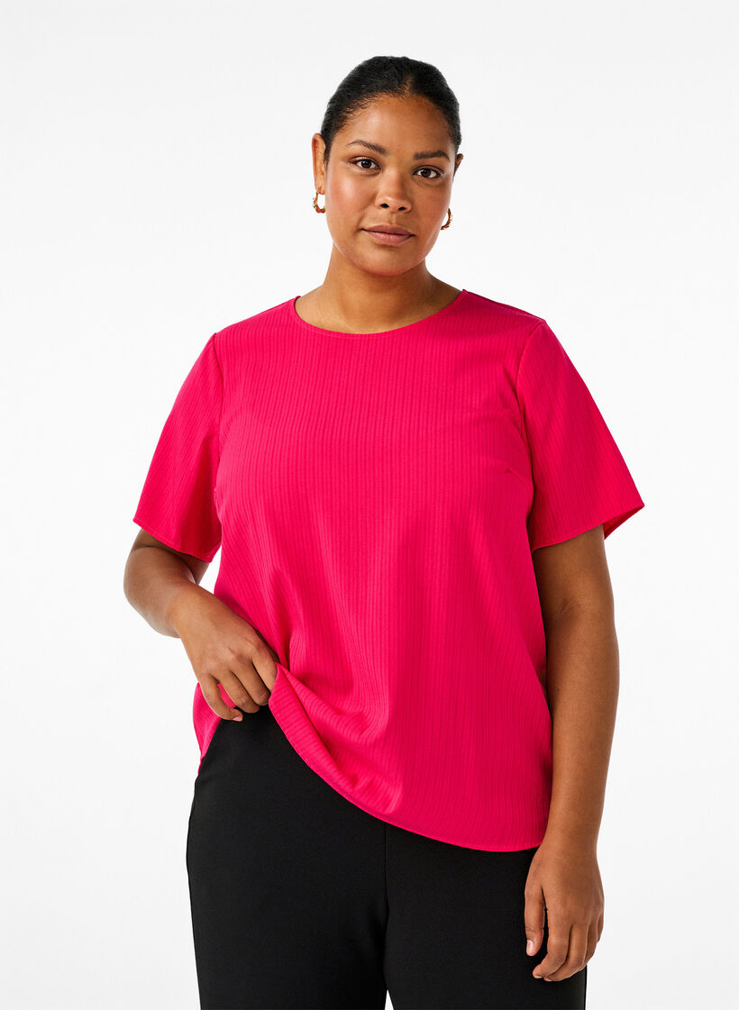 Kortermet bluse i viskose med knytebånd, Bright Rose, Model image number 0