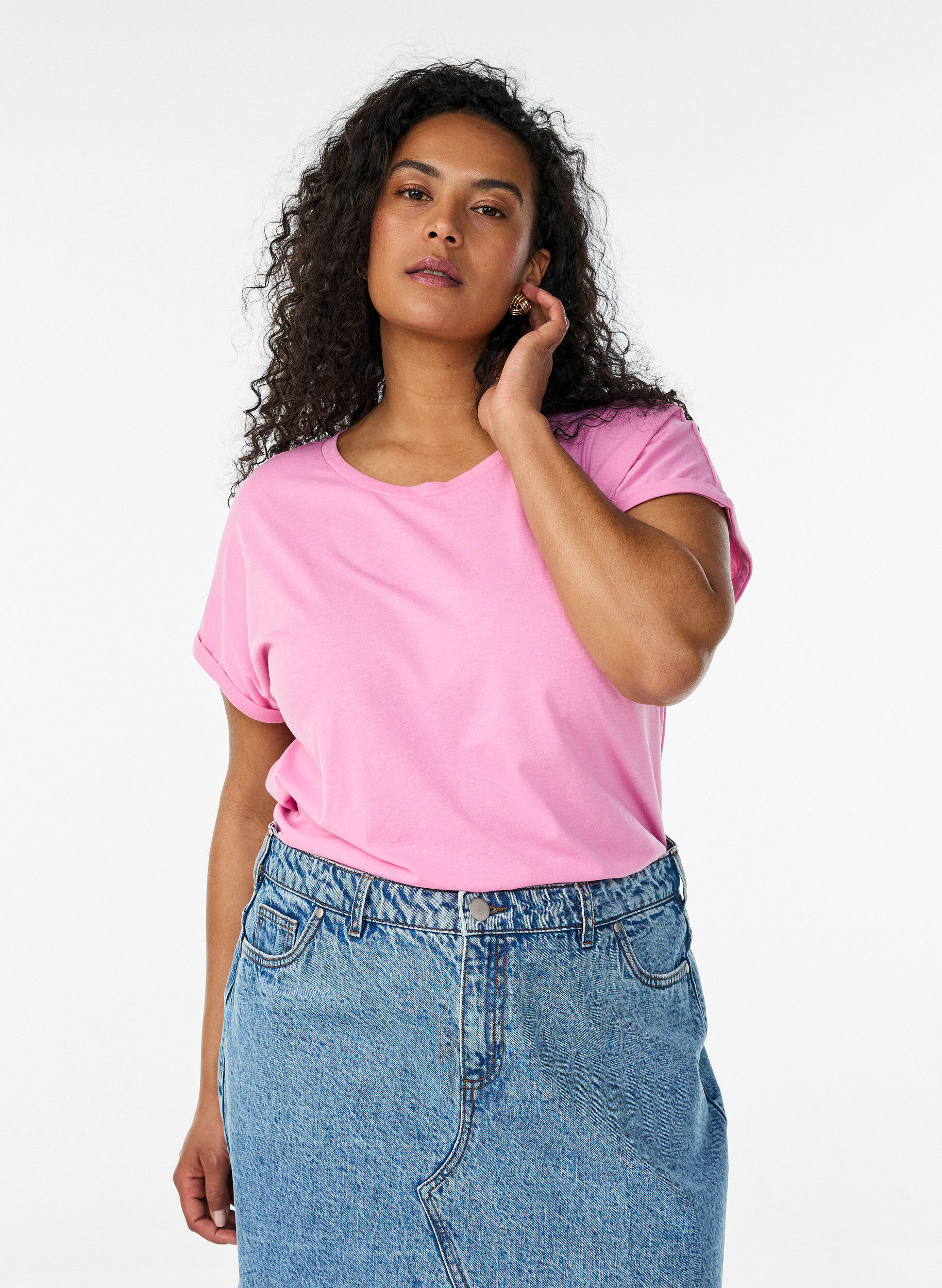 Kortermet T-skjorte i bomullsblanding, Rosa, Model