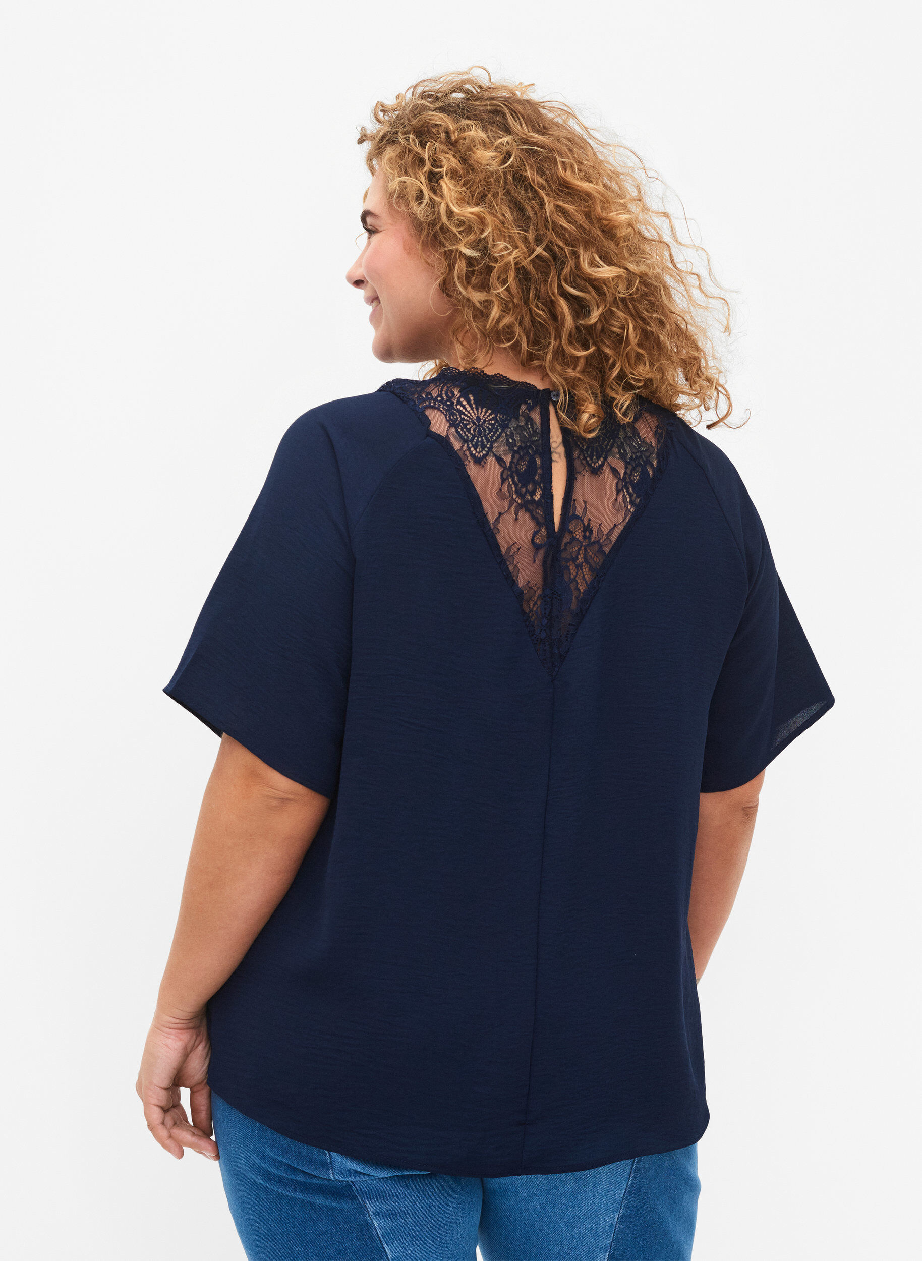 Zizzi Bluse med korte ermer og blonder , Navy Blazer, Model image number 1