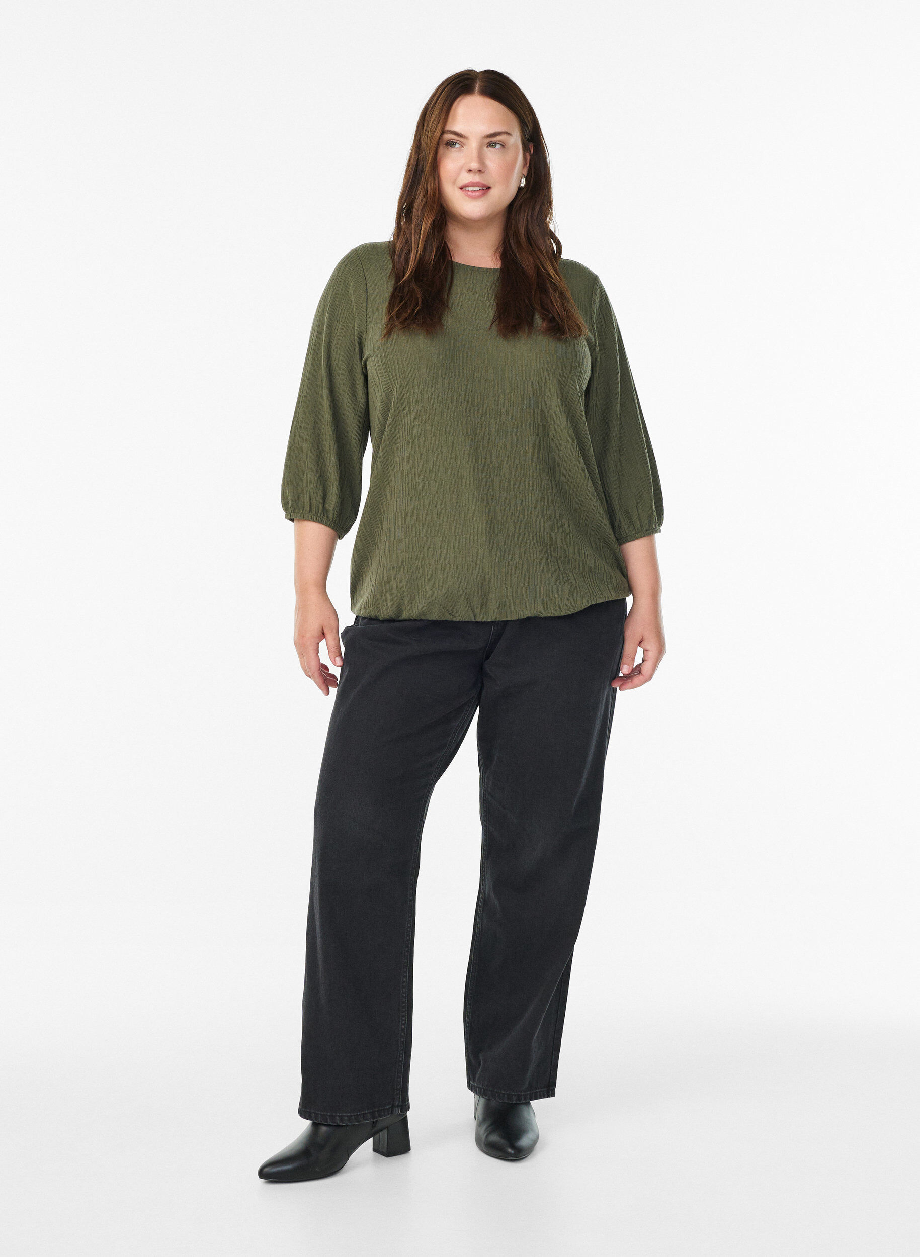 ZizziBluse med tekstur og 3/4 ermer, Gr&oslash;nn, Model image number 1