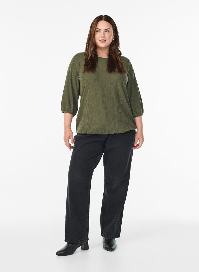 Bluse med tekstur og 3/4 ermer, Gr&oslash;nn, Model image number 1