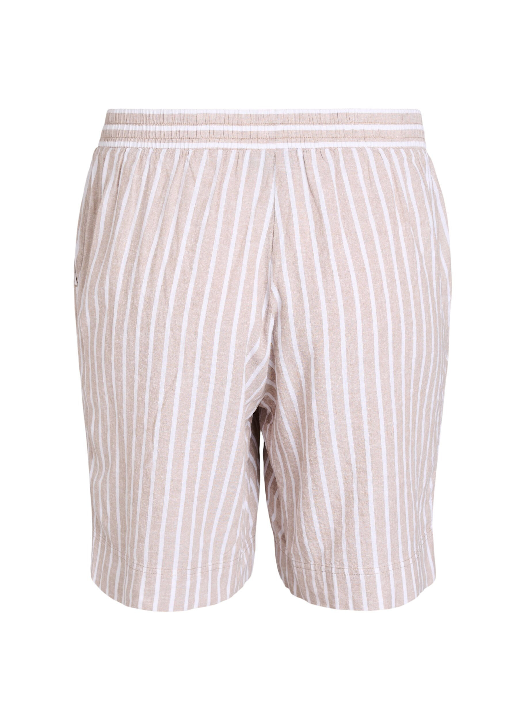 Zizzi Stripete shorts i lin og viskose, Beige, Packshot image number 1