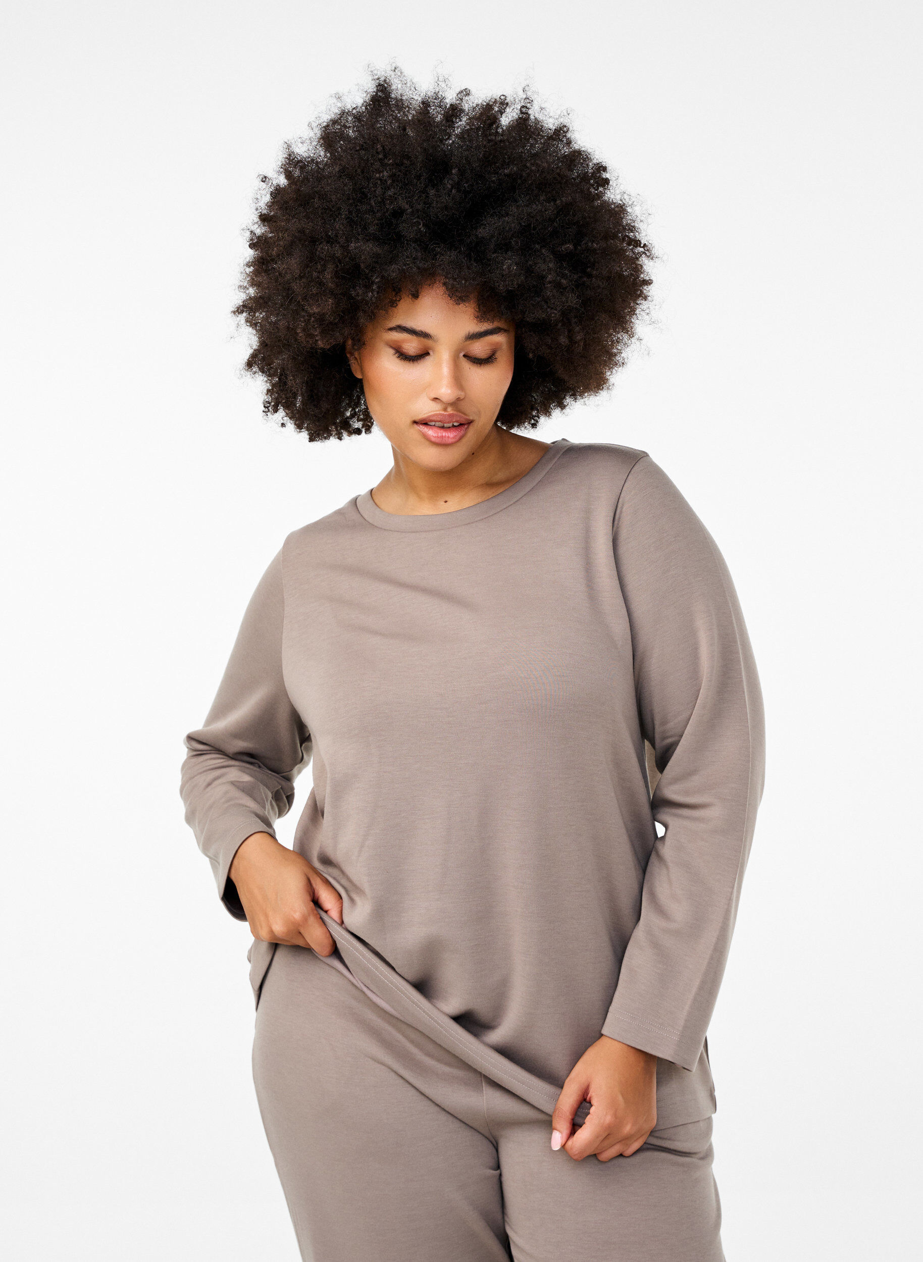 Zizzi Modalblanding bluse med rund hals, Beige, Model image number 0