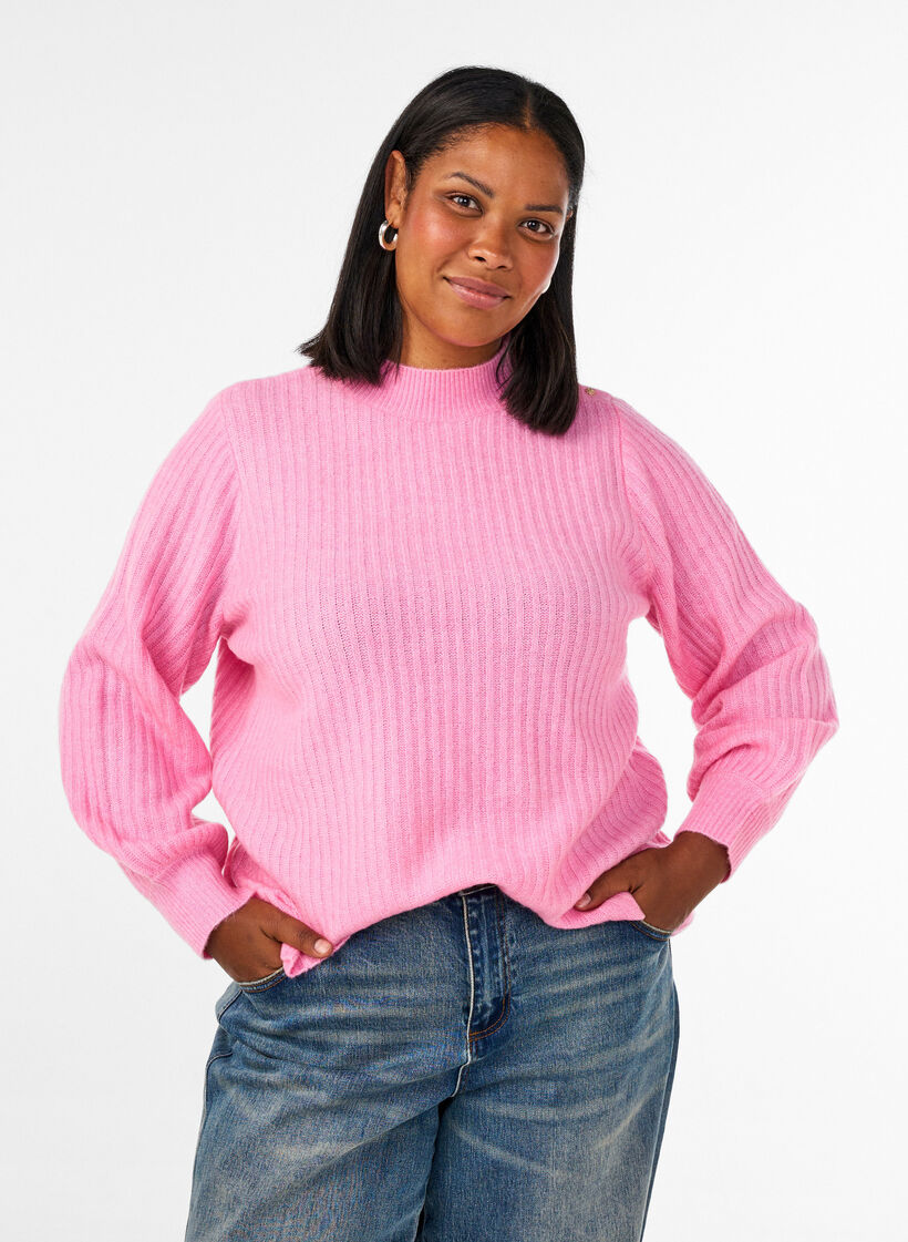 Ribbestrikket genser med puffede ermer og knapper, Rosa, Model image number 0