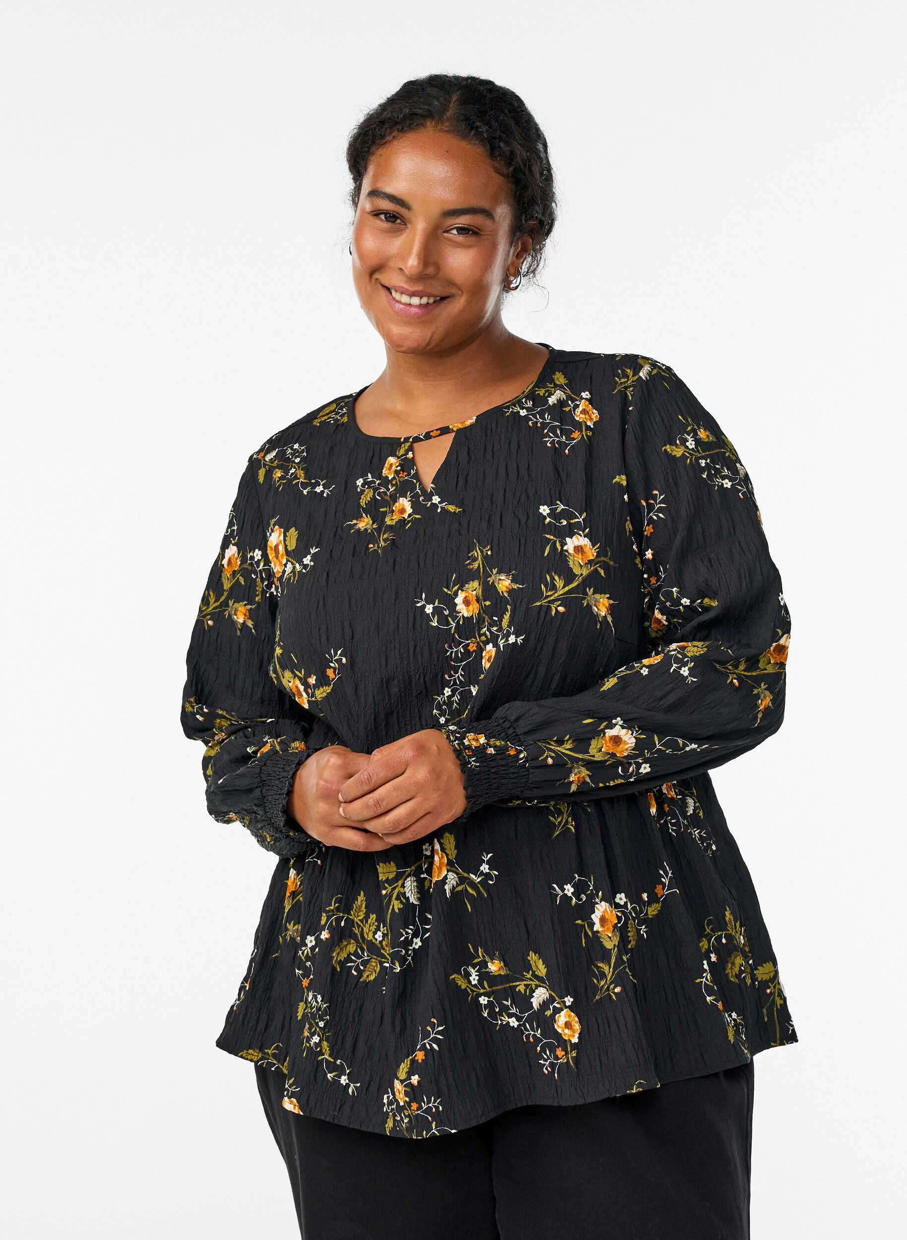 Langermet bluse med blomstertrykk, Svart, Model