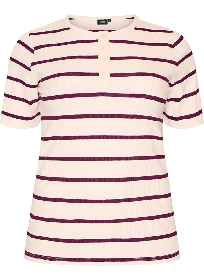 Ribbet T-skjorte med striper og knappedetalj, Lilla, Packshot image number 0
