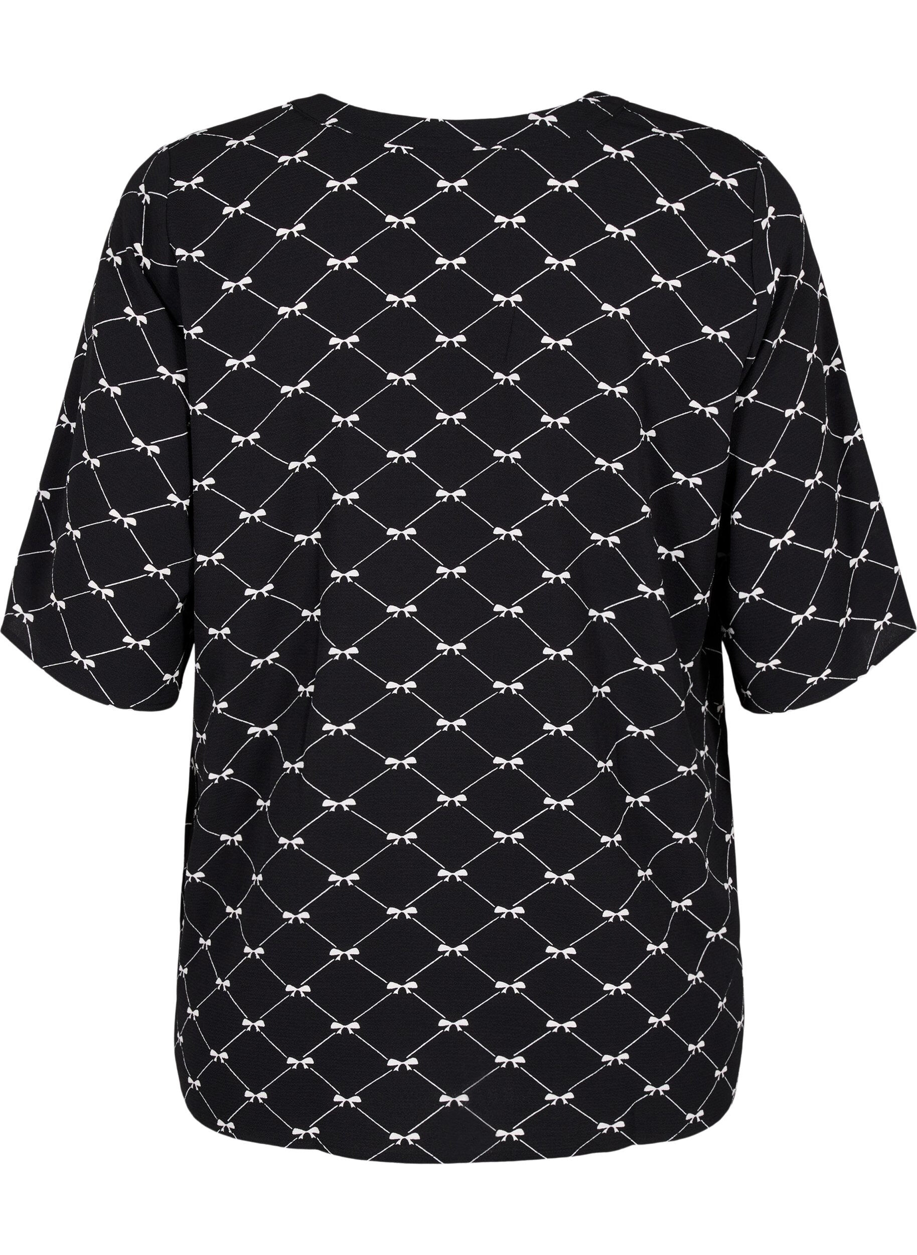 Zizzi Bluse med V-hals og sl&oslash;yfetrykk, Black Bow AOP, Packshot image number 1