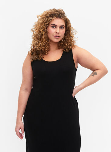 Ribbet kjole uten ermer av viskose, Black, Model image number 2