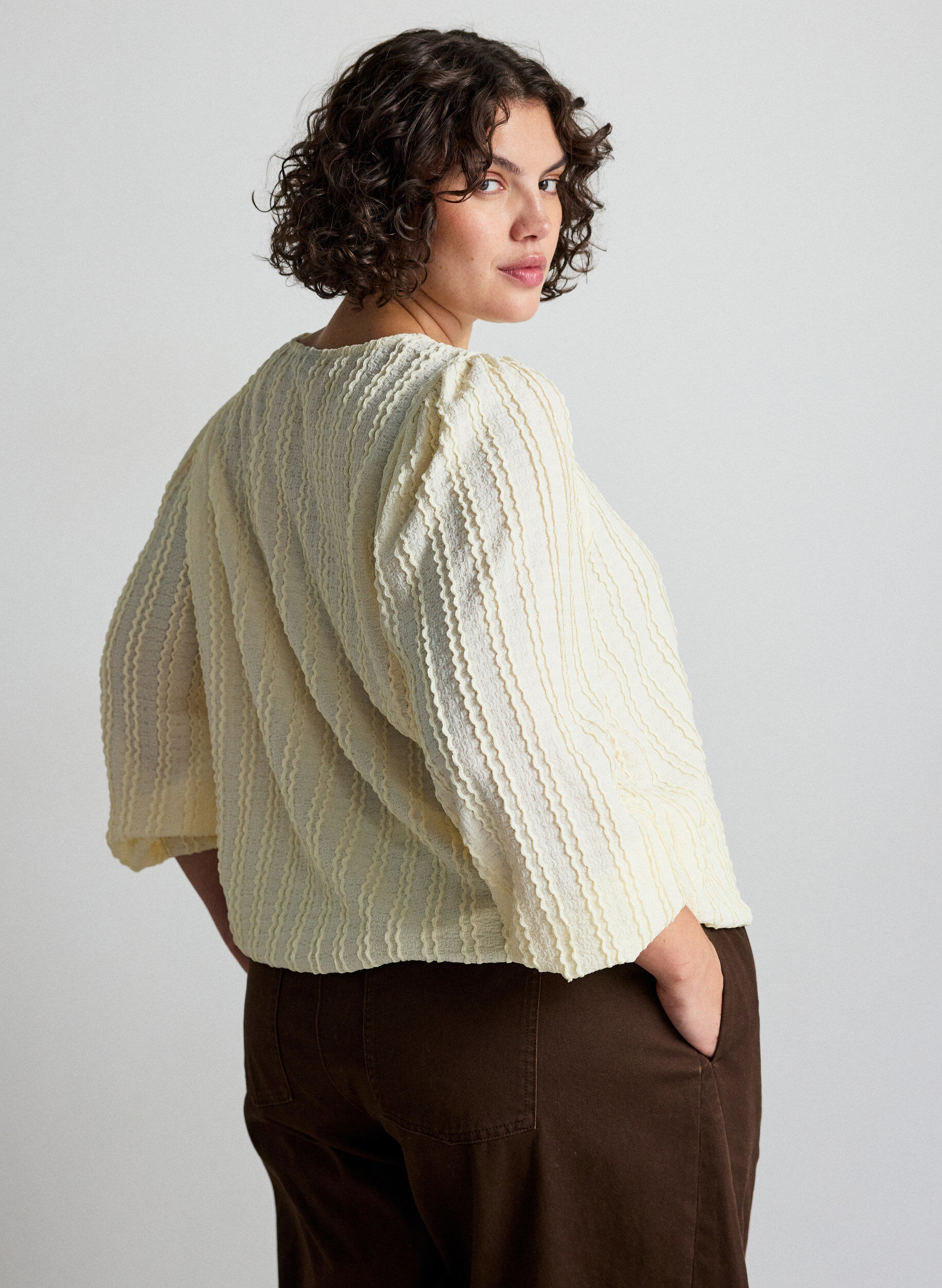 ZizziJerseybluse med struktur og ballongsilhuett, Vanilje, Model image number 2