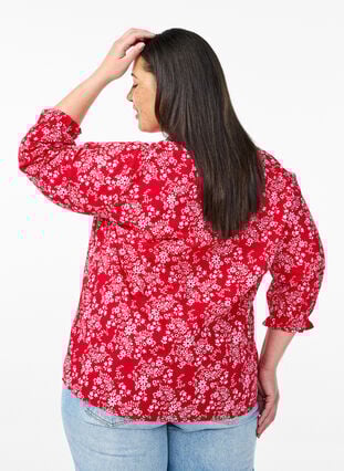 Zizzi Bomullsbluse med blomstertrykk, Rød, Model image number 2