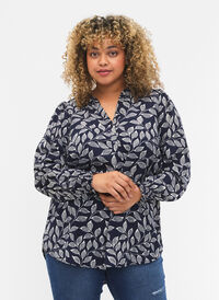 Bluse med vaffelsøm og v-utringning, Navy Leaf, Model