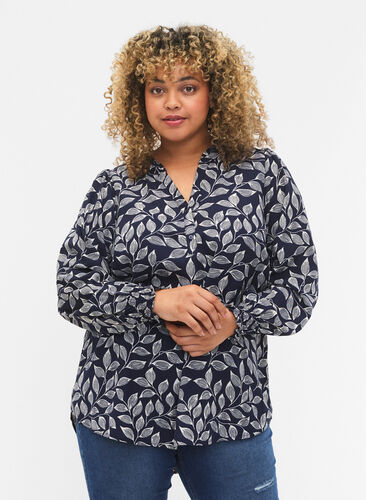 Bluse med vaffelsøm og v-utringning, Navy Leaf, Model image number 0