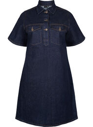 Denimkjole med korte ermer og brystlommer, Dark Blue Denim