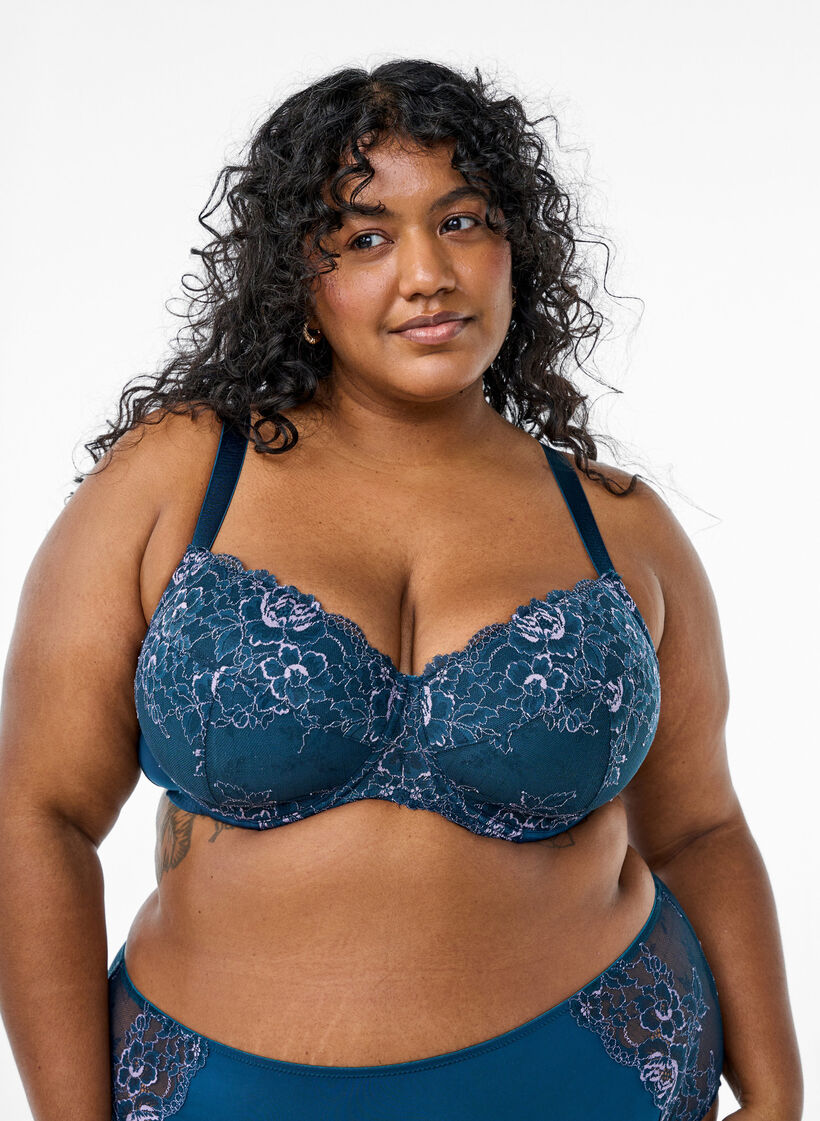 Bøyle-BH med blonder og polstrede skåler, Blå, Model image number 0