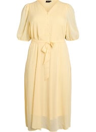 Midikjole med V-hals og knyting, Gul
