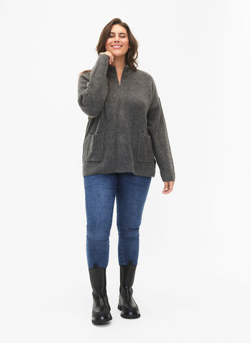 Strikket cardigan med glidelås og lommer, Dark Grey Melange, Model image number 2