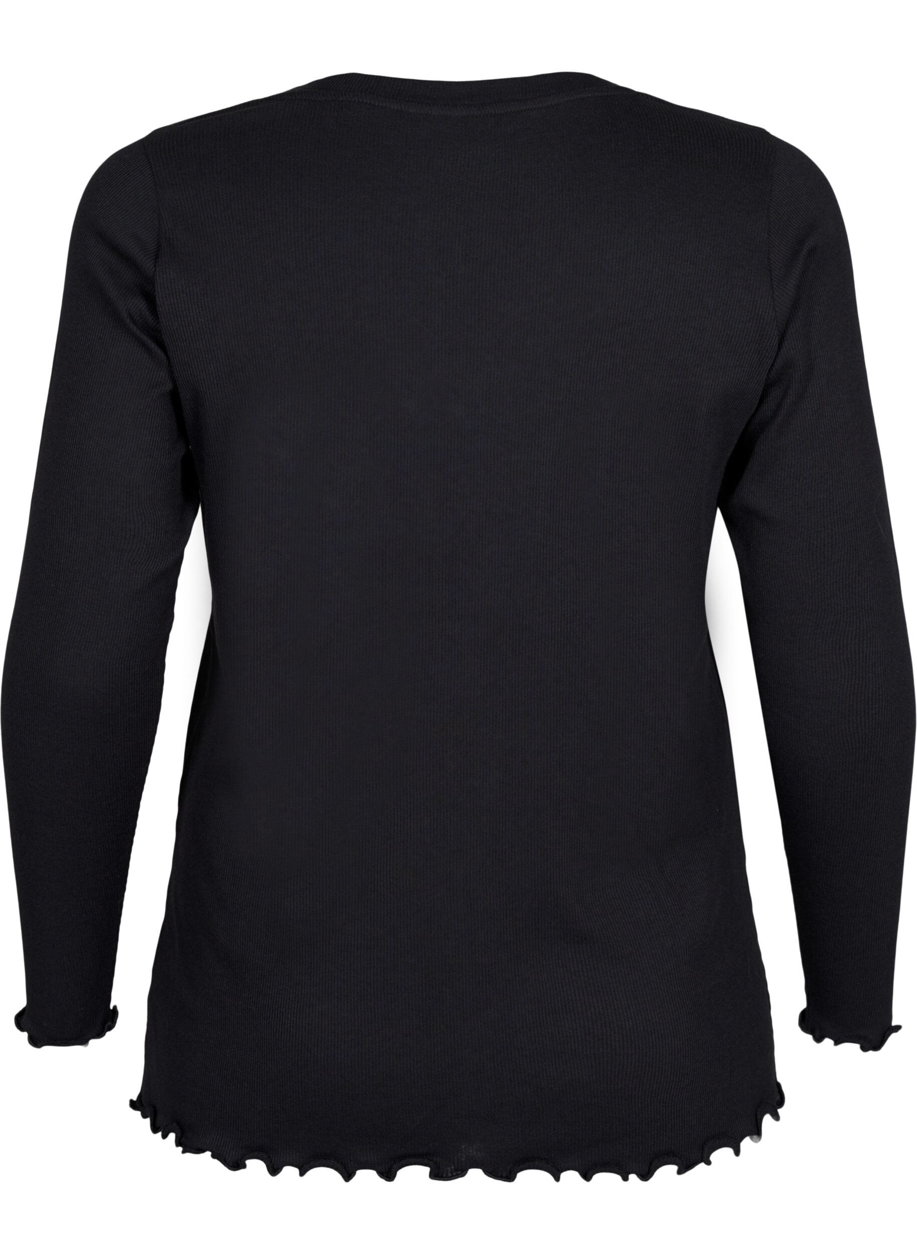 Zizzi Ribbestrikket bluse med lange ermer og V-hals, Black, Packshot image number 1
