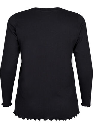 Ribbestrikket bluse med lange ermer og V-hals, Black, Packshot image number 1