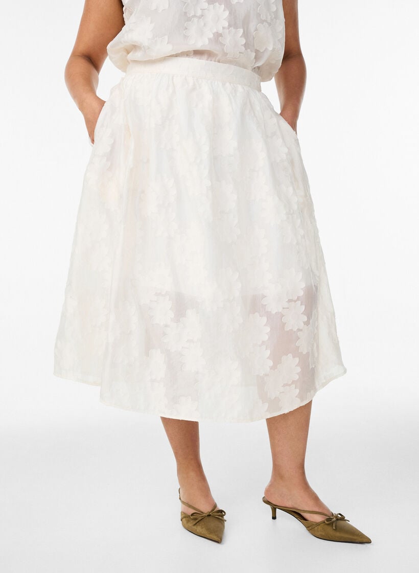 Blomstrete jacquard midiskj&oslash;rt, Vanilje, Model image number 2