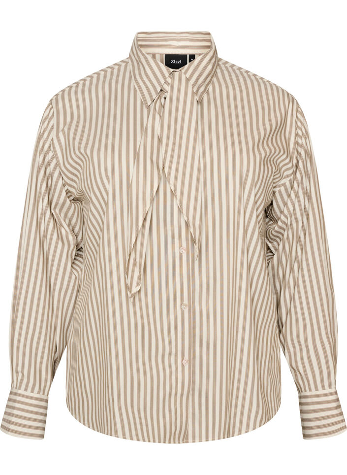 Stripete skjorte med avtakbart halsskjef, Beige, Packshot image number 0