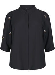 Bluse med 3/4-ermer og blomsterbroderi, Black