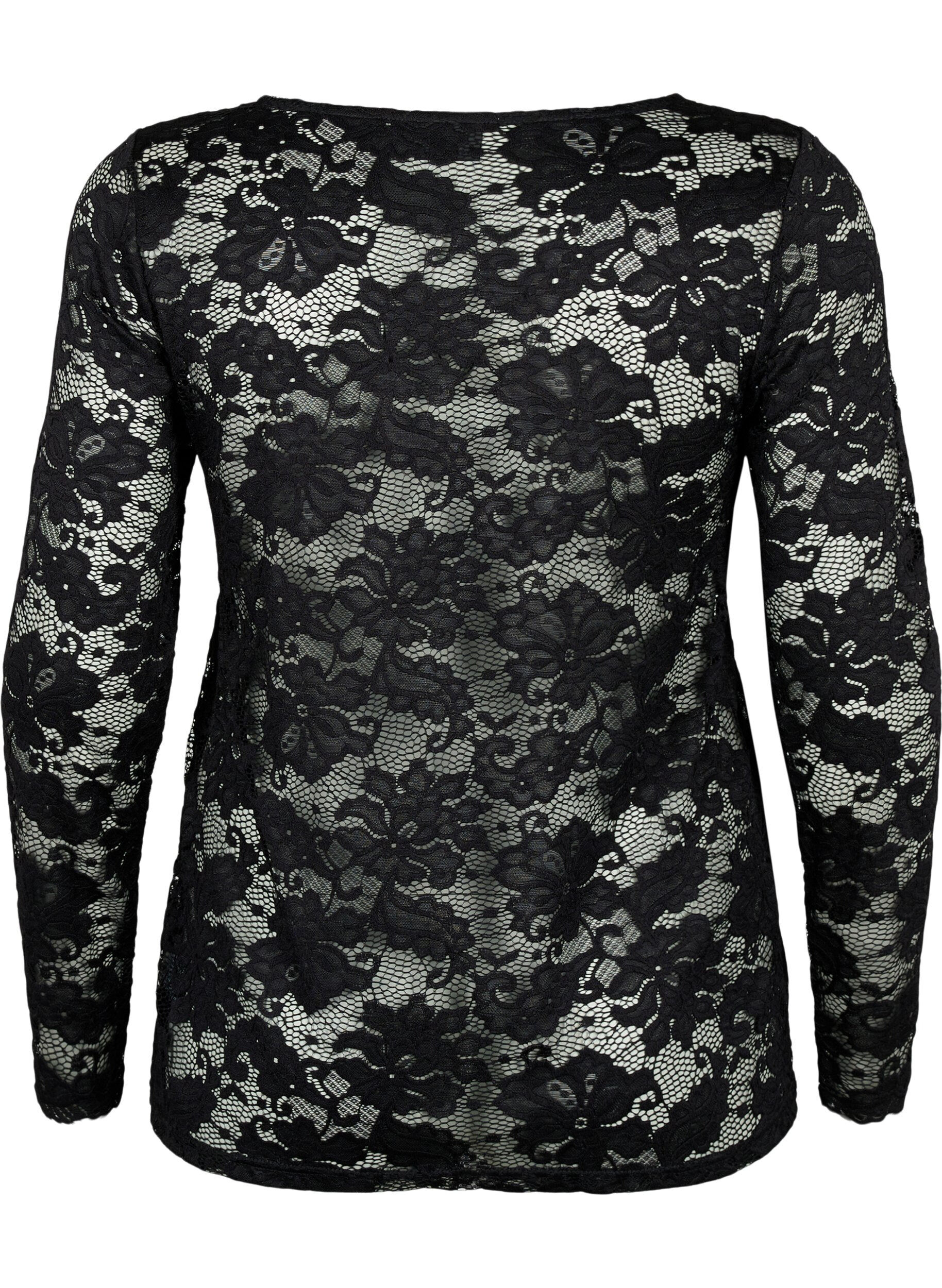 Zizzi Langermet bluse med blondekant og V-hals, Black, Packshot image number 1