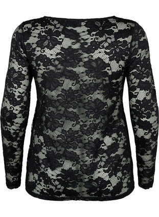 Langarmet bluse med blondekant og V-hals, Black, Packshot image number 1
