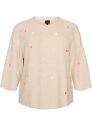 Strikkebluse med sm&aring; broderte motiver, Beige