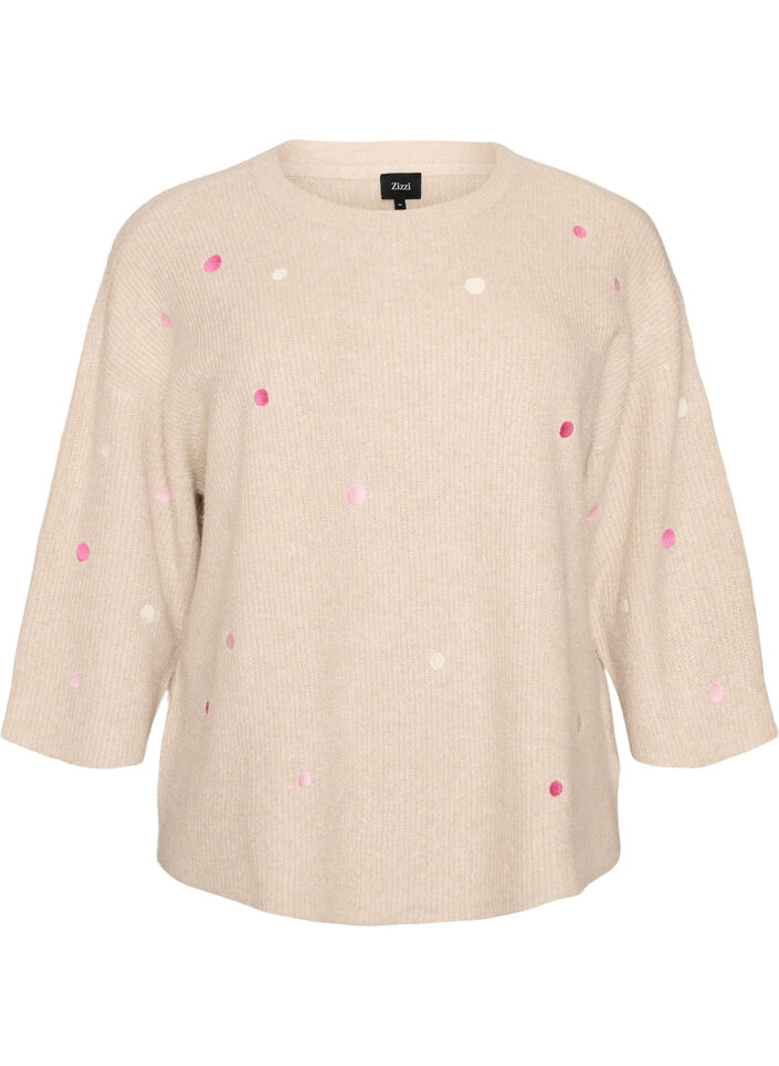 Strikkebluse med sm&aring; broderte motiver, Beige, Packshot image number 0