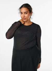Bluse i mesh med rhinesteiner og lange ermer, Svart Bluse i mesh med rhinesteiner og lange ermer, Svart, Model