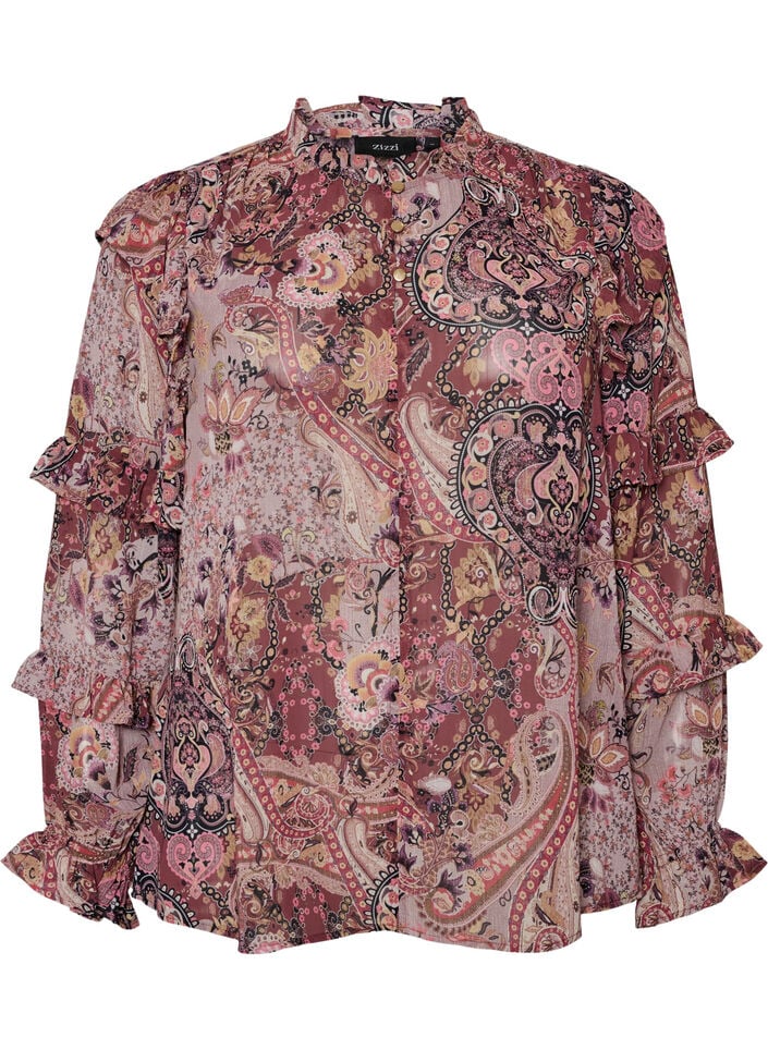 Bluse med paisley-trykk og volangdetaljer, Lilla, Packshot image number 0