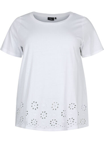 T-skjorte i bomull med broderi anglaise, Bright White, Packshot image number 0
