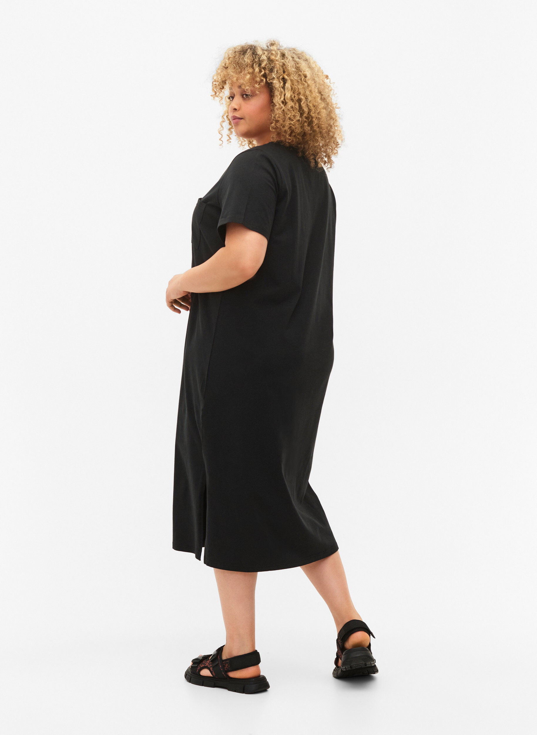 ZizziKortermet kjole i bomull med splitt, Black, Model image number 1