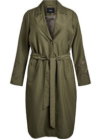 Lang trenchcoat med broderi, Grønn Lang trenchcoat med broderi