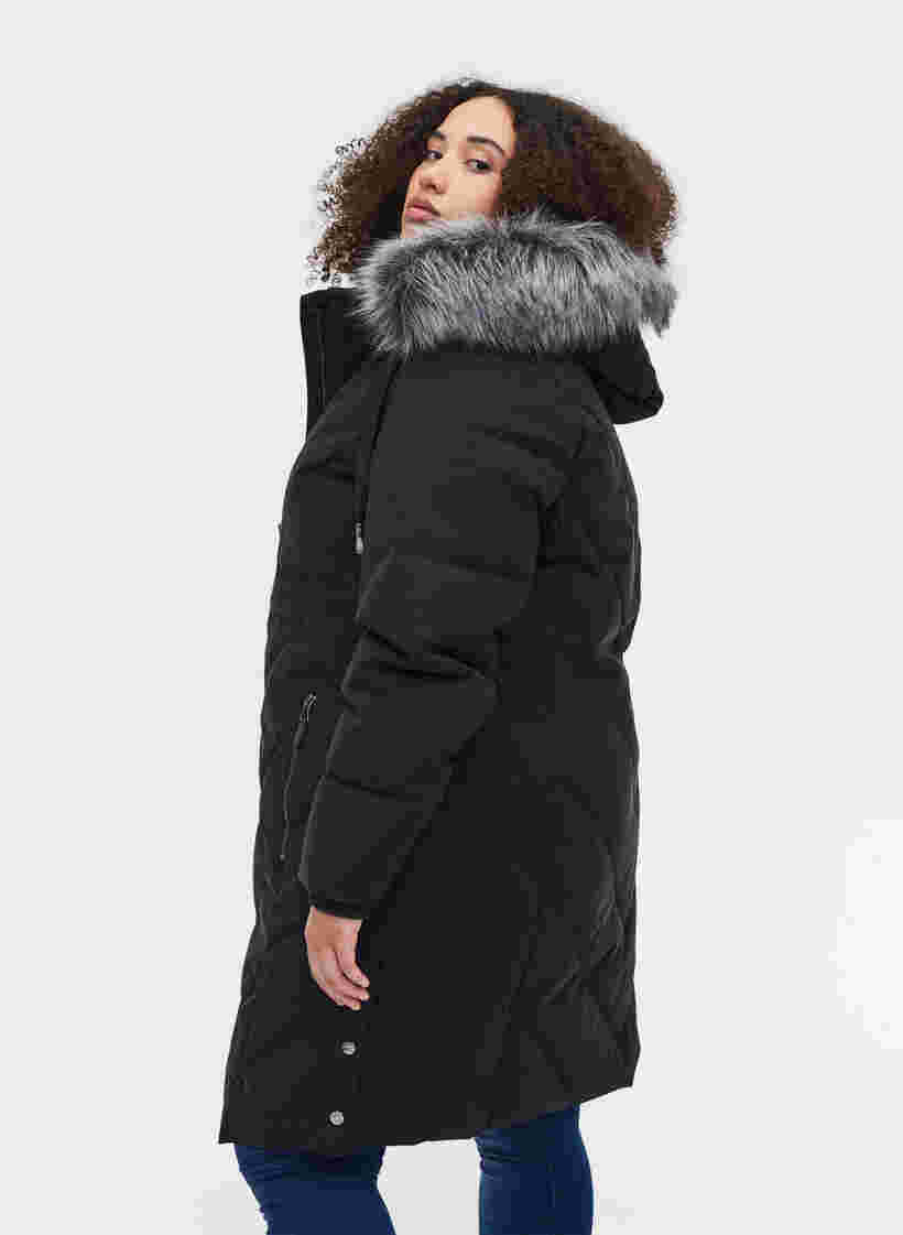Vinterjakke med avtagbar hette og stor imitert pelskrave, Black, Model image number 1