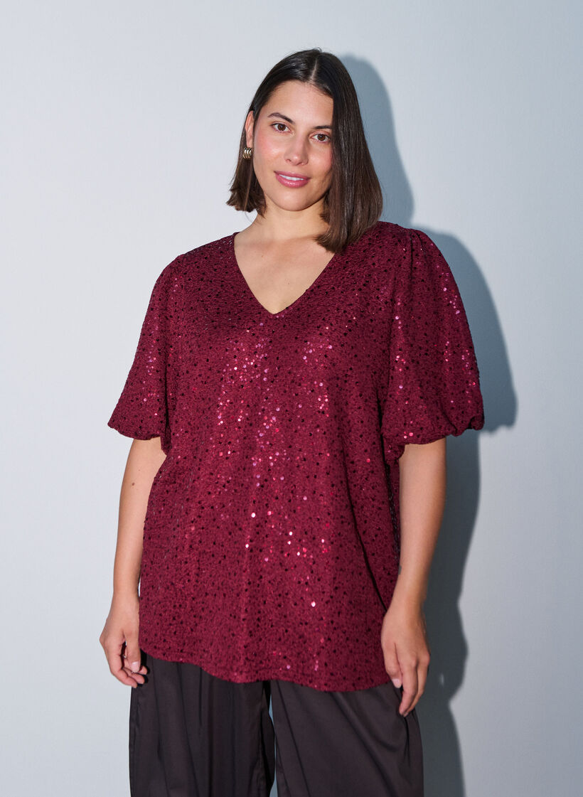 Paljettbluse med ballongermer, R&oslash;d, Model image number 0