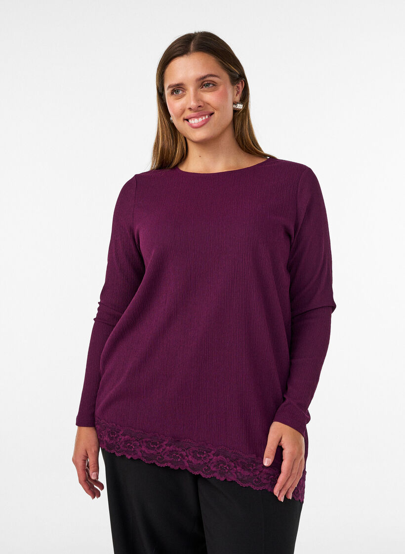 Jerseybluse med asymmetrisk blondedetalj, Lilla, Model image number 0