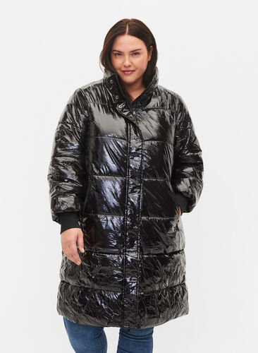 Skinnende vinterjakke med glidelås og knappelukkking, Black, Model image number 0